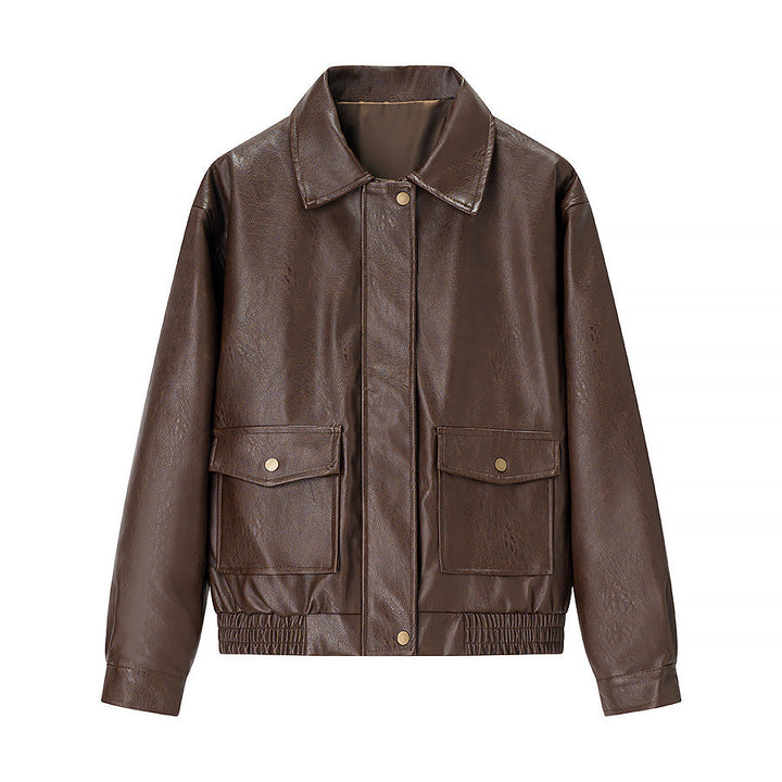 Dam oversize konstläder Blouson med skjortkrage, Flap fickor och dold dragkedja Placket