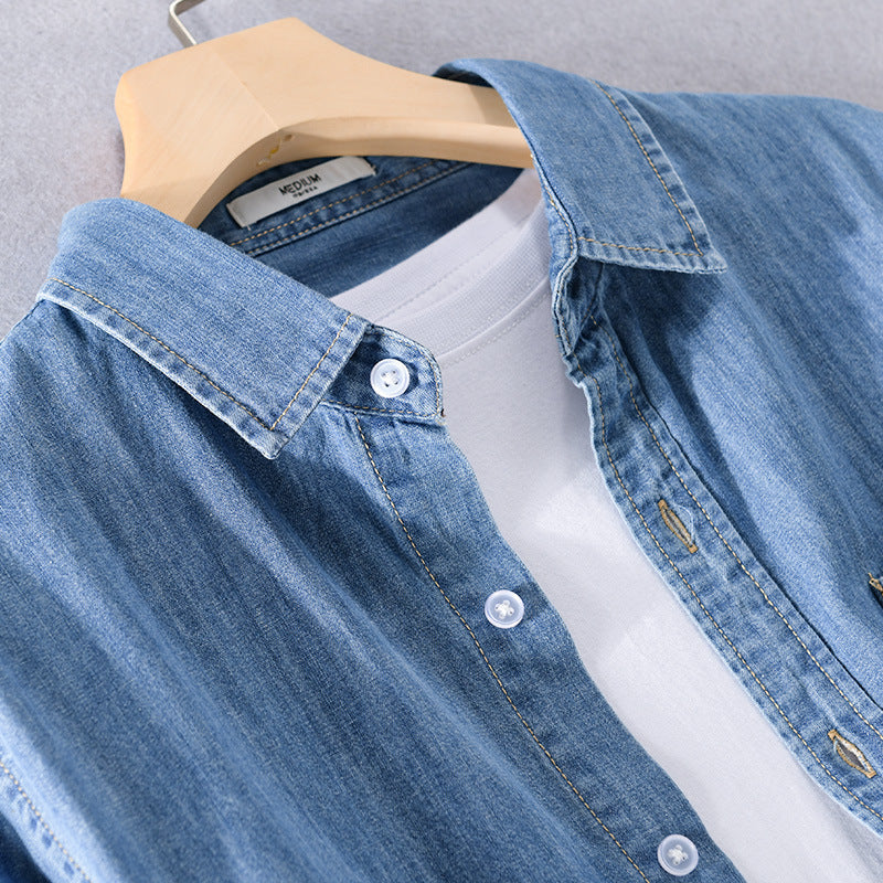 Herr Washed-Denim Överskjorta i Ledig Passform med Bröstficka och Kontrasterande Stitching