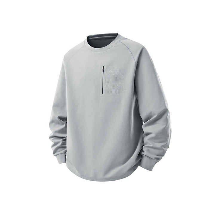 Herr Crew Neck College-Tröja med Bröst Dragkedja, Perforated Utility Lock, och Avslappnad Passform