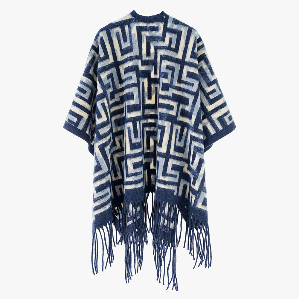 Dam Geometric Jacquard poncho i Cape stil med Fringed fåll