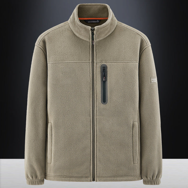 Herr fleece jacka med vindresistent microfleece, welded bröst dragkedja ficka, och elastiska muddar