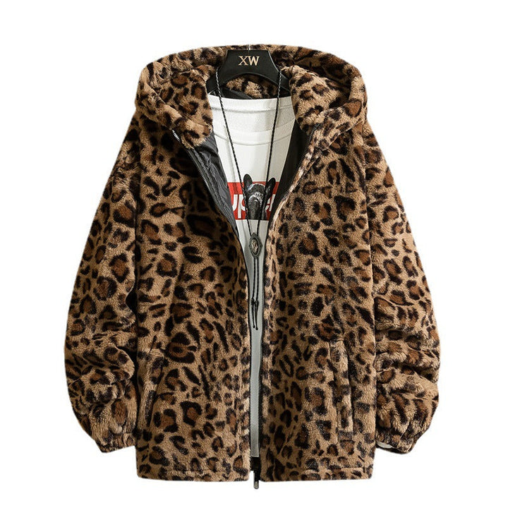 Dam Cuddly Fleece Jacka med Leopard Mönster och Huva