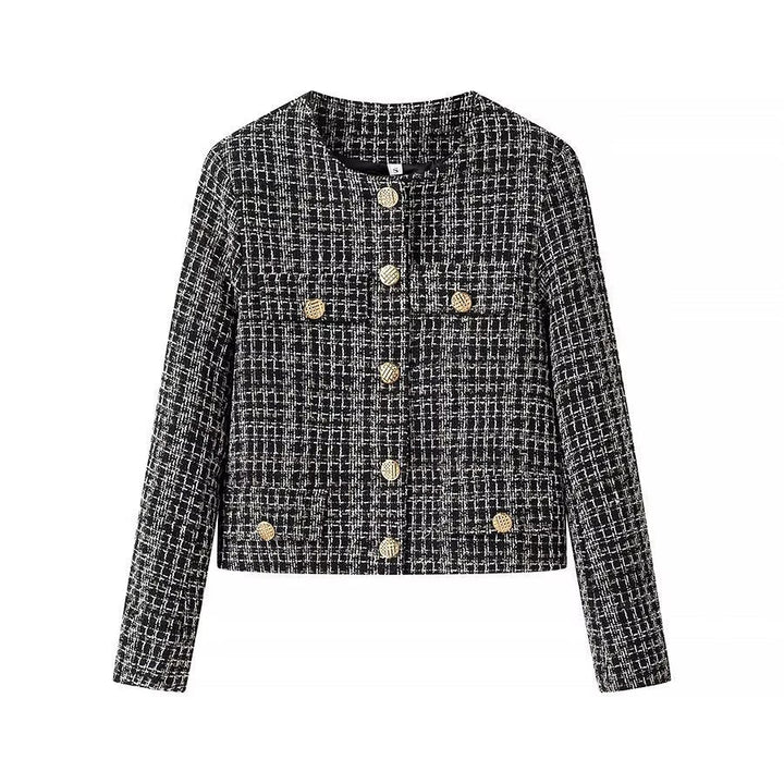 Dam kort Boucle tweed jacka med Round Neck, dekorativ dekorativ knappar och utanpåfickor