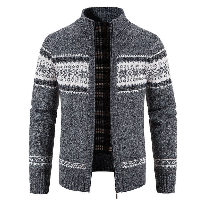 Herr Norwegian Knit Zip Jacka med Stående Krage, Warming Fleecefoder, och Dragkedja