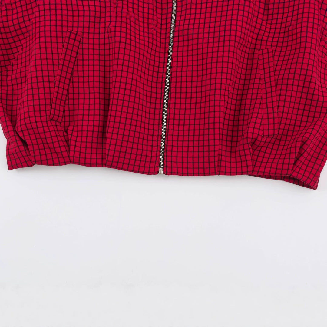 Dam Kort Blouson Jacka med Hög Stå Krage, Rutig Vävd Structure och Elastic Finish