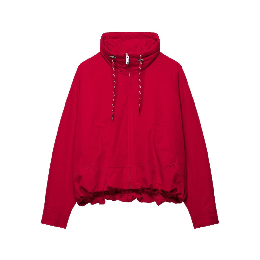 Dam Kort Oversize Utilityjacka med Hög Stå Krage, Drawstring och Elastic Nederkant