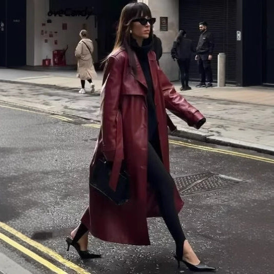 Dam lång konstläder trenchcoat med midjebälte, vid Lapels och Water-Resistant Surface