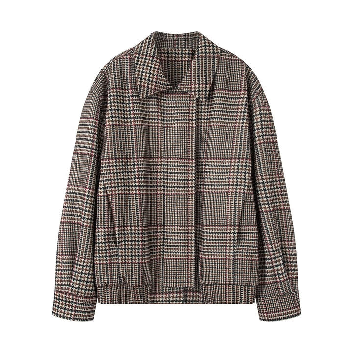 Dam Oversized Kort Jacka i Houndstooth Mönster med Ståkrage och Elastic Fåll