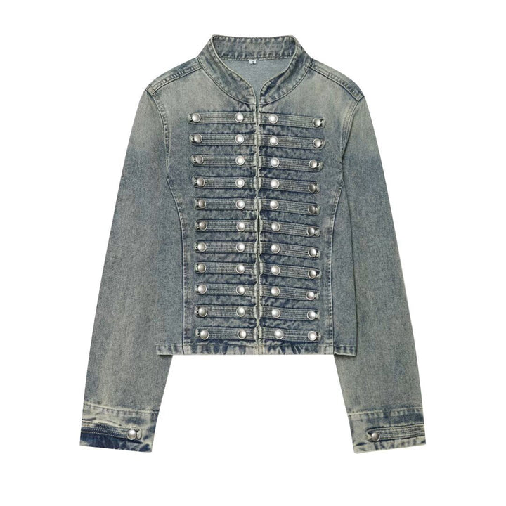 Dam Kort Denim Blouson i Tailcoat Stil med Dekorativ Row Knappar