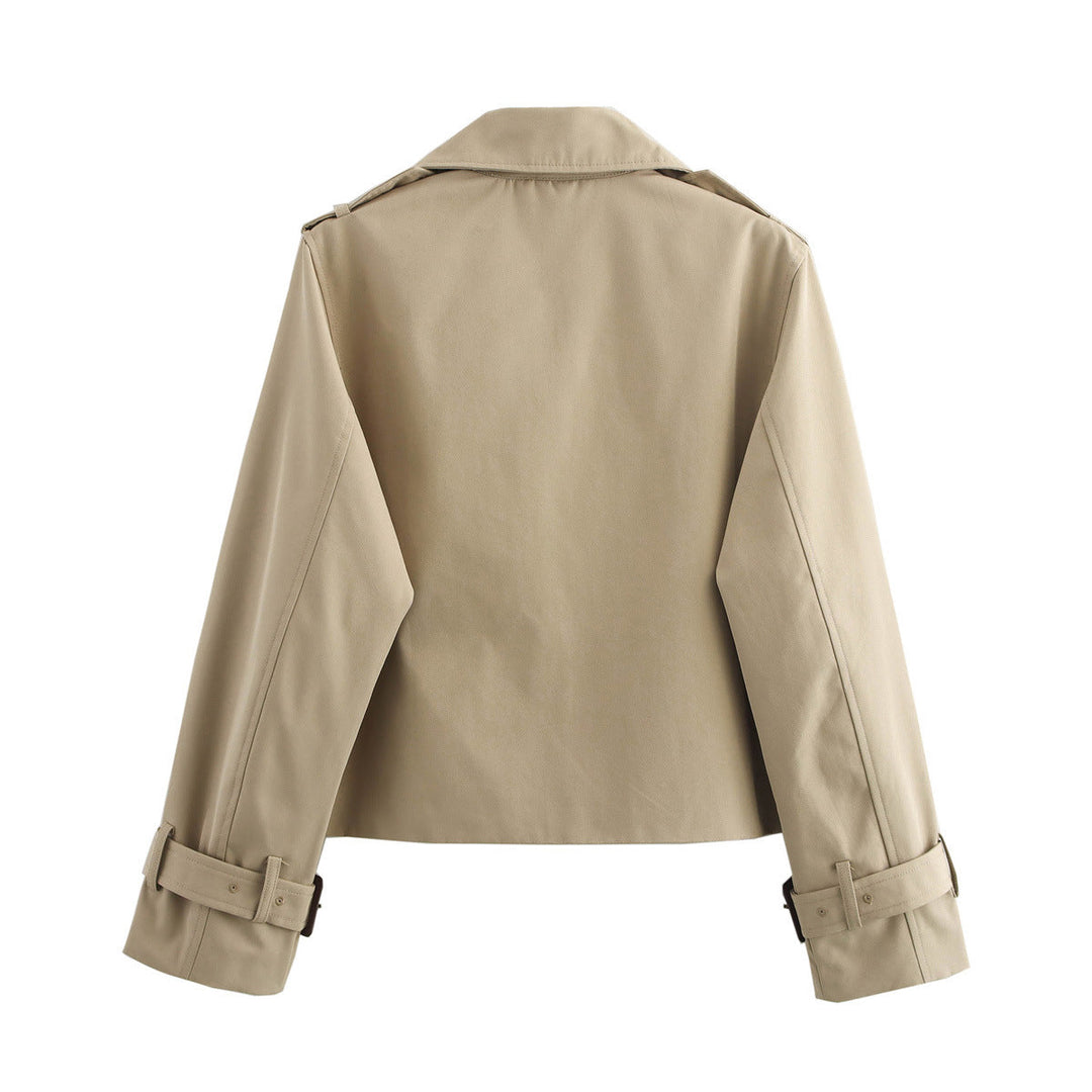 Dam cropped trenchcoat med double row, epaulettes och adjustable buckle cuffs