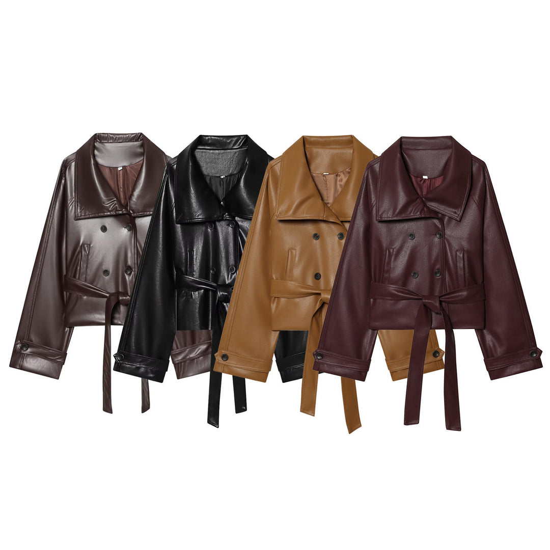 Dam Kort Skärning Faux Läder Trenchcoat med Oversize Lapels, Double-Breasted Knapp Knäppning och Tied Belt