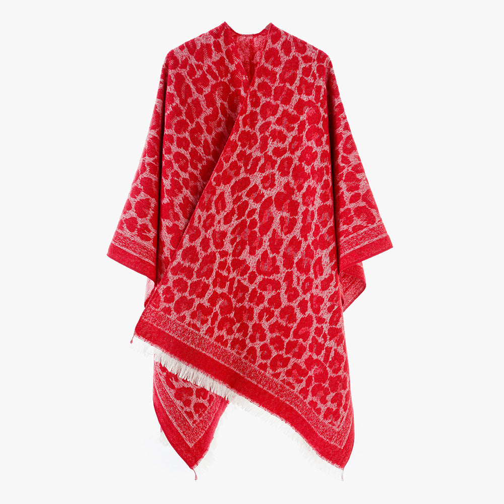 Dam mjuk-Falling Jacquard kimono-skärning Wrap med Tonal Leo mönster och Fringed fåll