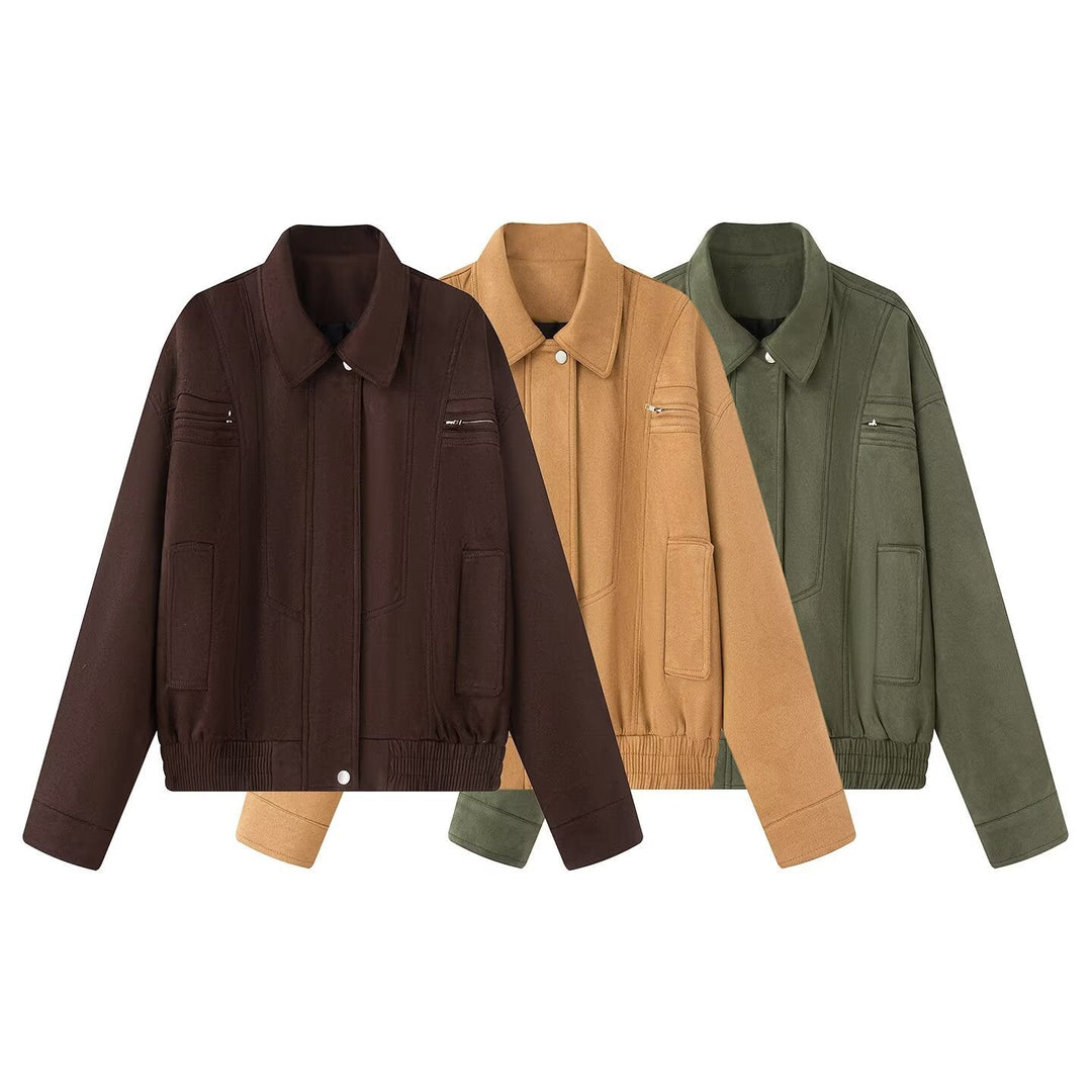 Dam 10+ Kort Skärning Velour Blouson Jacka med Elastic Nederkant, Lock Fickor, och Dragkedja Details