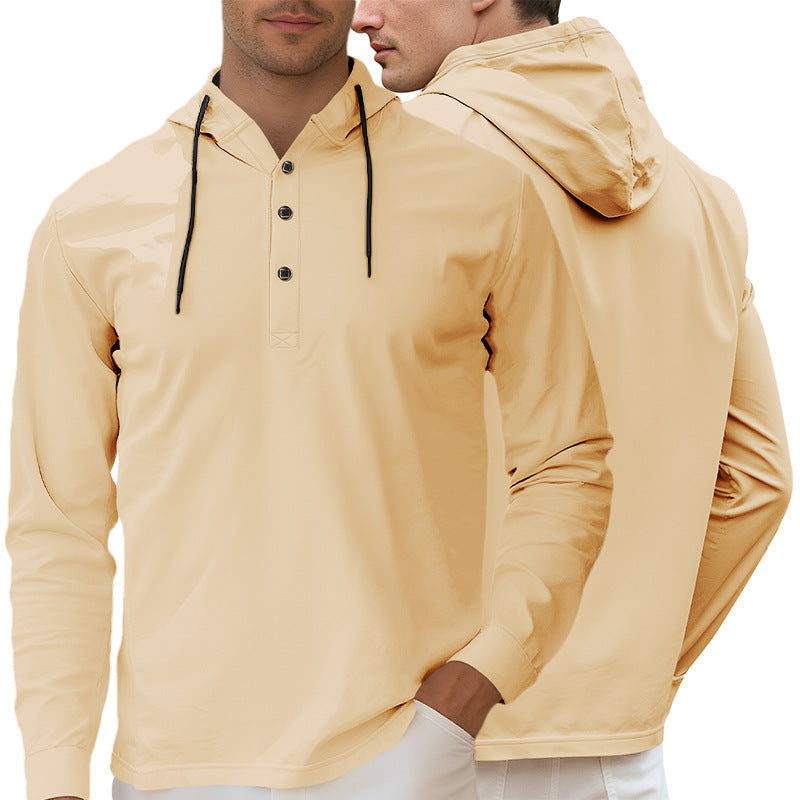 Herr med Huva Henley Lång Ärm Skjorta Gjord av Lätt Stretch Jersey med Dragsko