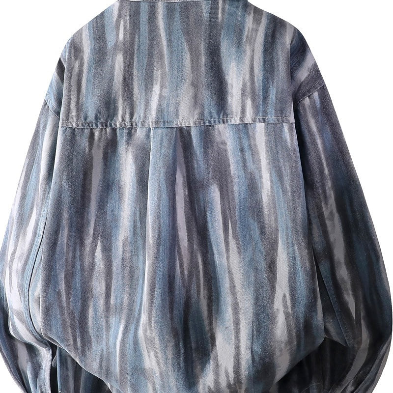 Herr Oversized Skjortjacka i Watercolor Rand Look med Breast Ficka &amp; Mjuk Bomullsblandning