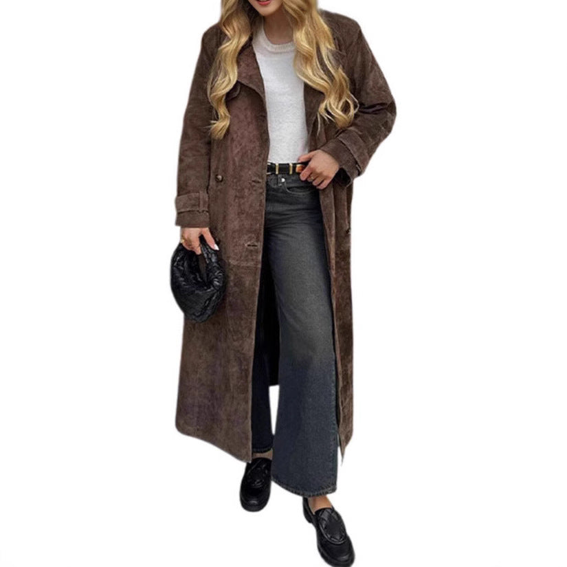 Dam lång Double-Breasted trenchcoat in mocka-Like med midjebälte