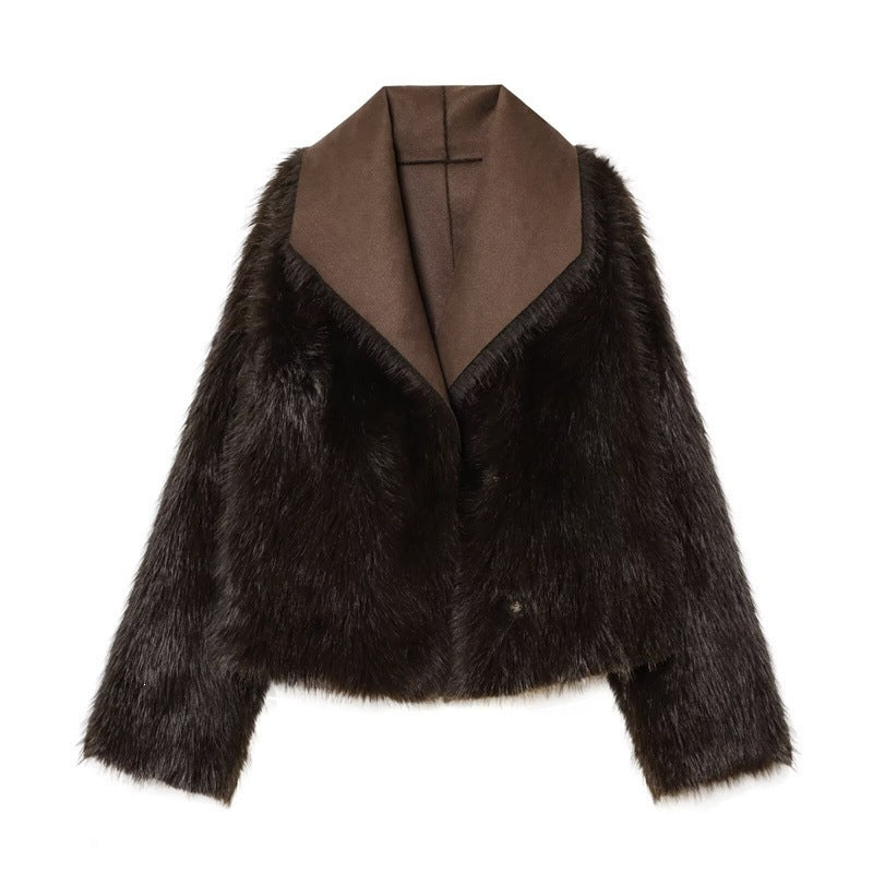 Dam Kort Jacka i Lambskin Look med Voluminous Fur Krage och Shortened Ärmar