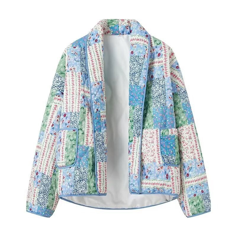 Dam kviltad jacka in patchwork stil med shawl krage och utanpåfickor