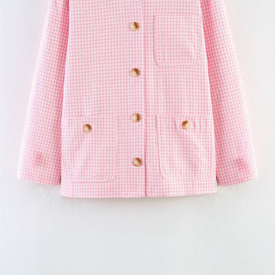Dam Oversize Kort Jacka med Small Check, Patch Fickor och Dekorativ Knappar