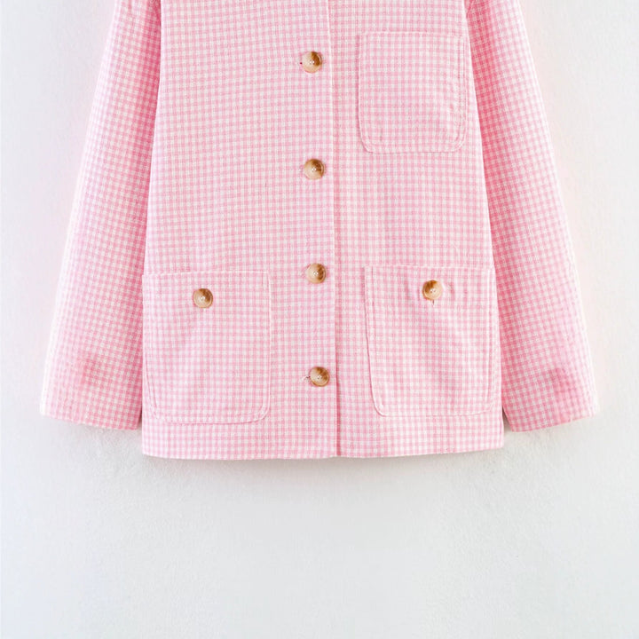 Dam Oversize Kort Jacka med Small Check, Patch Fickor och Dekorativ Knappar