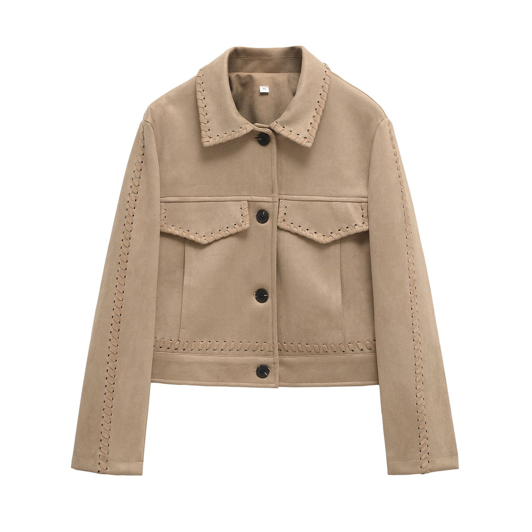 Dam kort jacka gjord faux mocka med dekorativ seam lacing