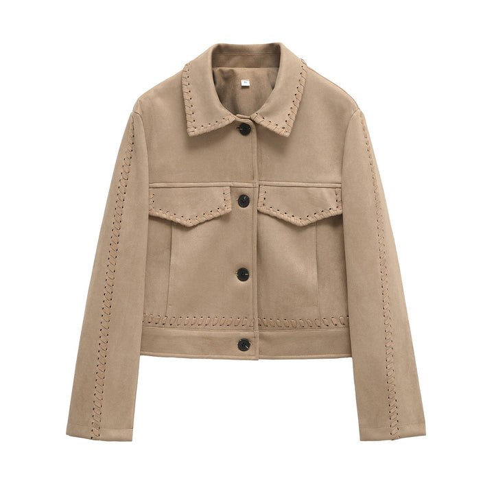 Dam kort jacka gjord faux mocka med dekorativ seam lacing