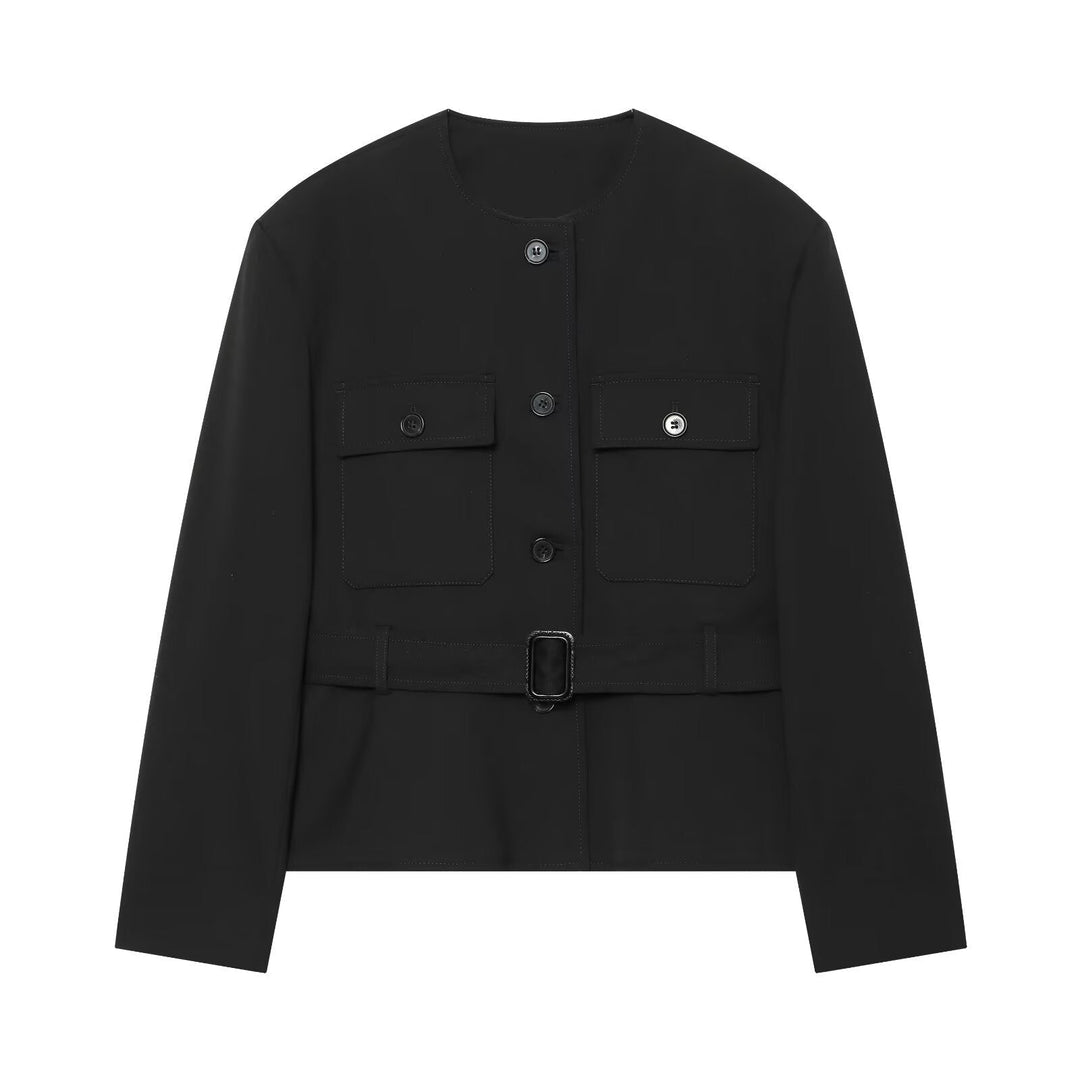 Dam Tailored Kort Jacka med Belt, Lock Fickor och Round Neck