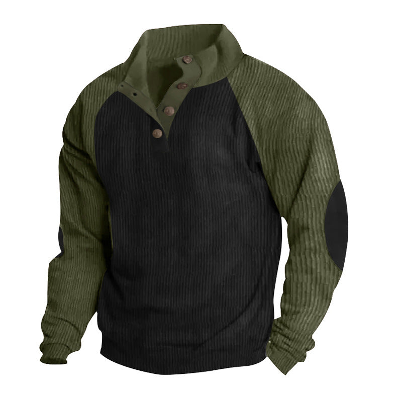 Herr Termisk Cord Pullover med Knapplist, Ståkrage, Raglanärmar, och Elbow Lappar