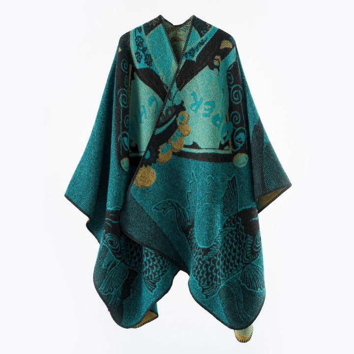 Dam Jacquard poncho med Fish Motif och Open Oversize skärning