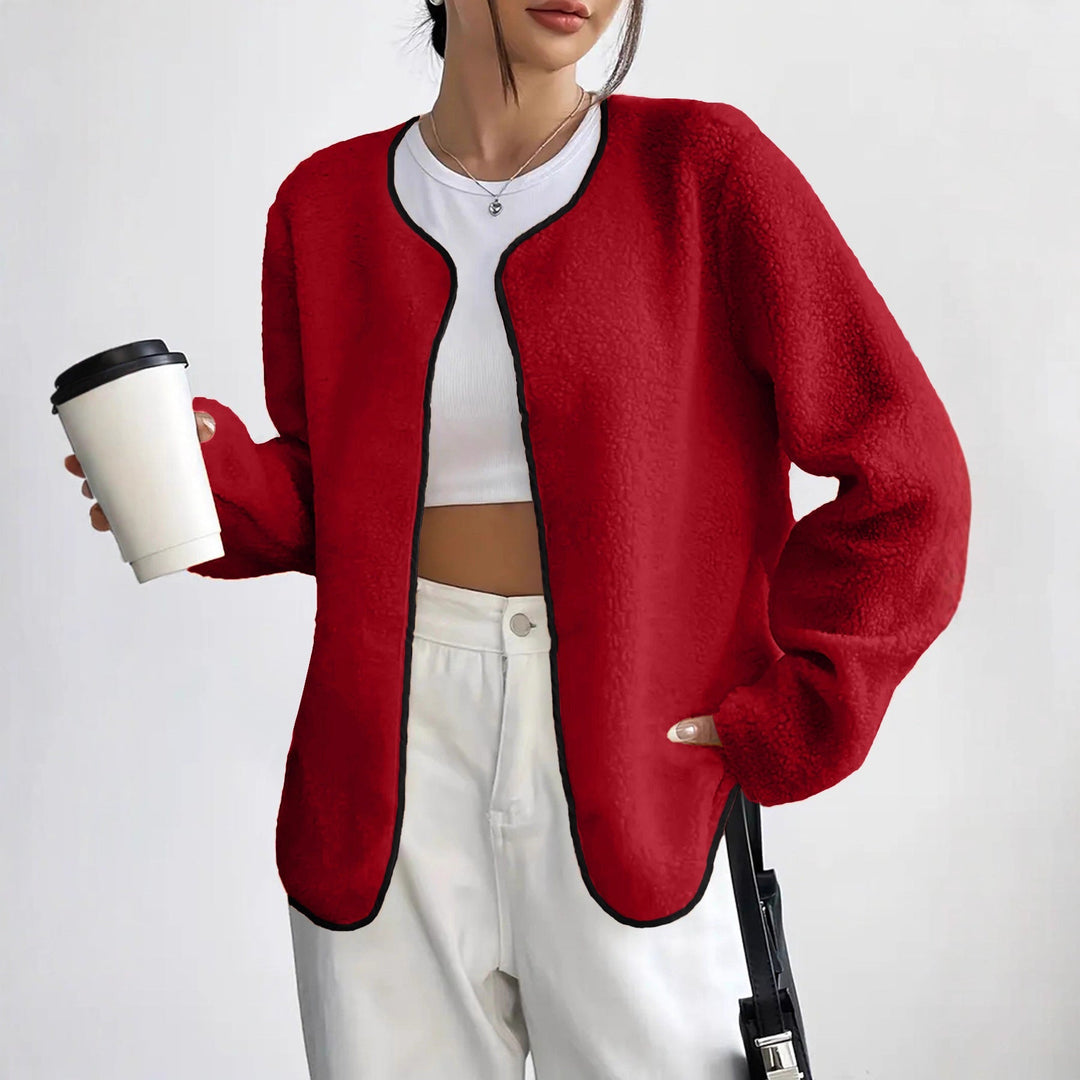 Dam kort jacka Teddy fleece kofta utan Closure med rund hals