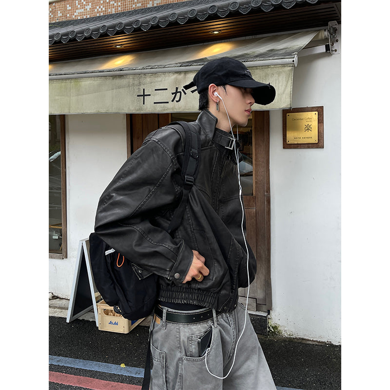 Herr Kort oversize Läder Imitation Blouson med ståkrage, Dragkedja och elastisk fåll