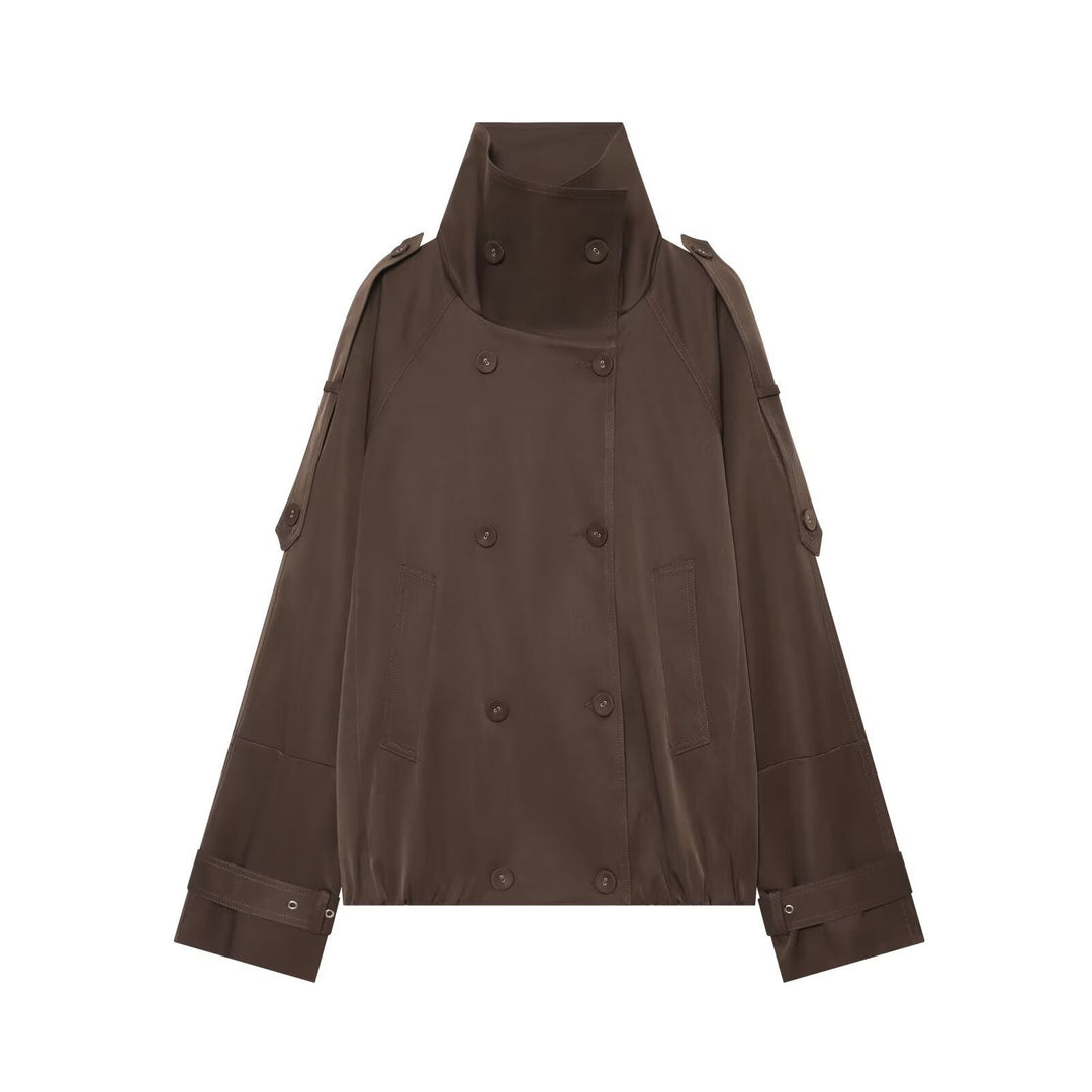 Dam Kort Double-Breasted Cape Trench med Hög Funnel Neck och Ärm Straps