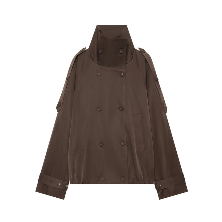 Dam Kort Double-Breasted Cape Trench med Hög Funnel Neck och Ärm Straps