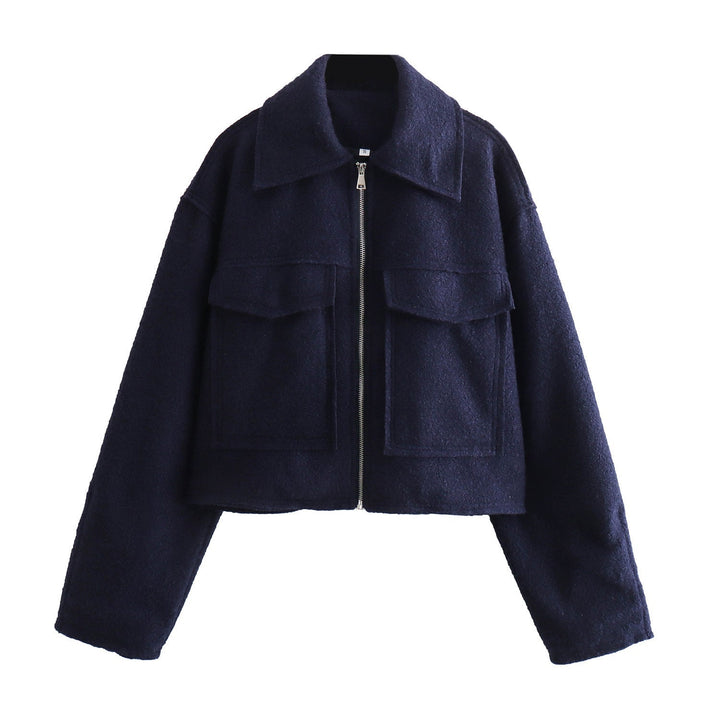 Dam kort Boucle jacka in boxig skärning med Zip och Flap fickor