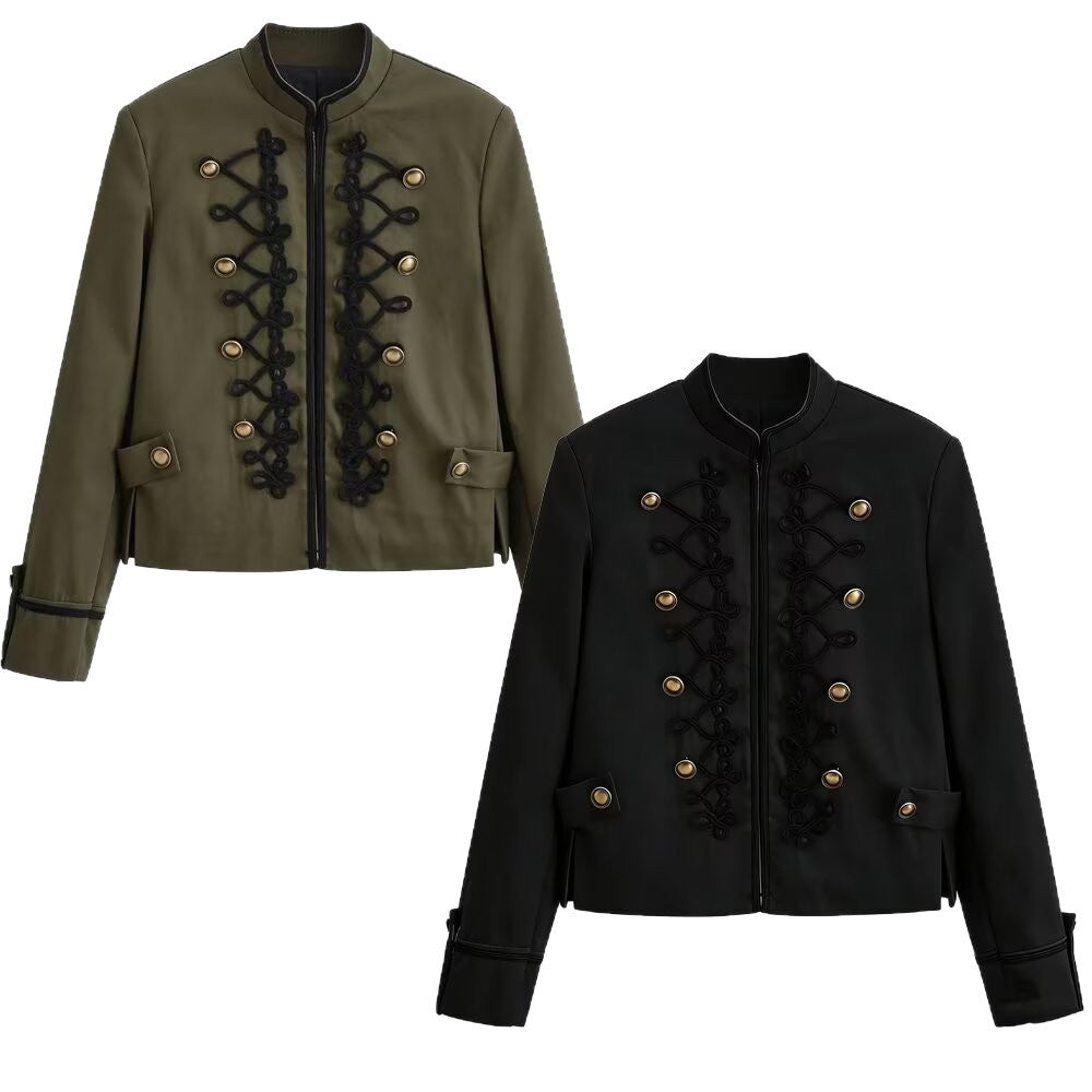 Dam Kort Militär-Stil Jacka med Decorative Cords och Ståkrage