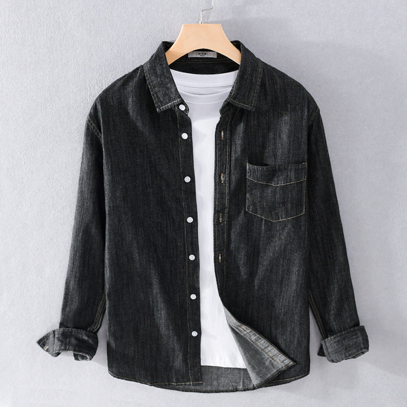 Herr Washed-Denim Överskjorta i Ledig Passform med Bröstficka och Kontrasterande Stitching
