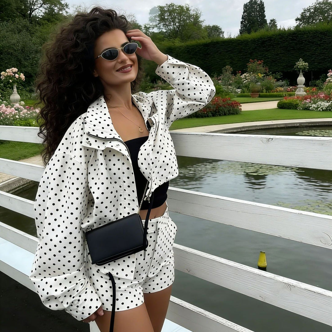 Dam Polka Dot Cropped blousonjacka med Stand krage och Drawstring