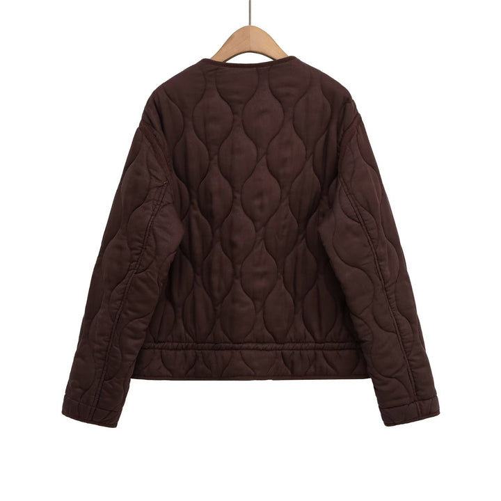 Dam Quiltad Övergångsjacka med Dragkedja och Knapplist, Round Neck och Dragsko
