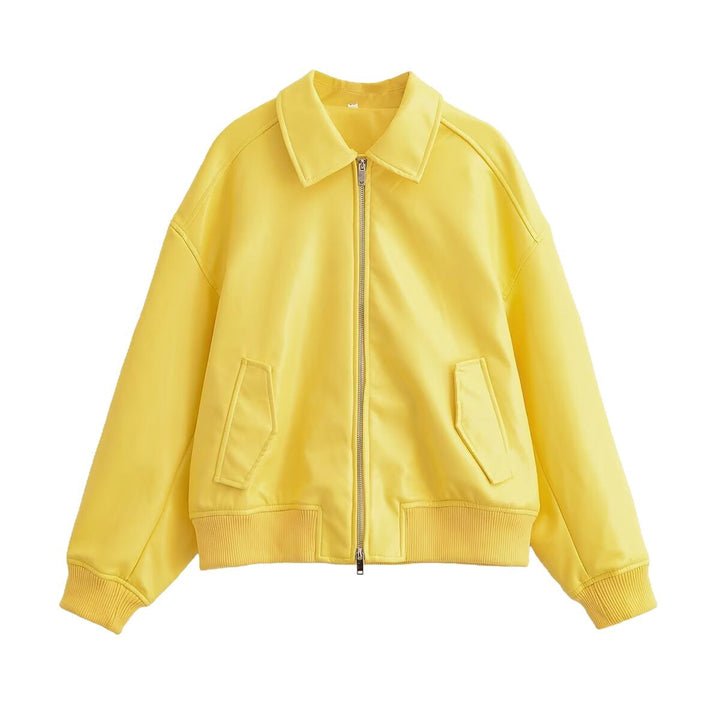 Dam Boxig Blouson Jacka med Dragkedja, Ribbed Muddar och Skjort Krage