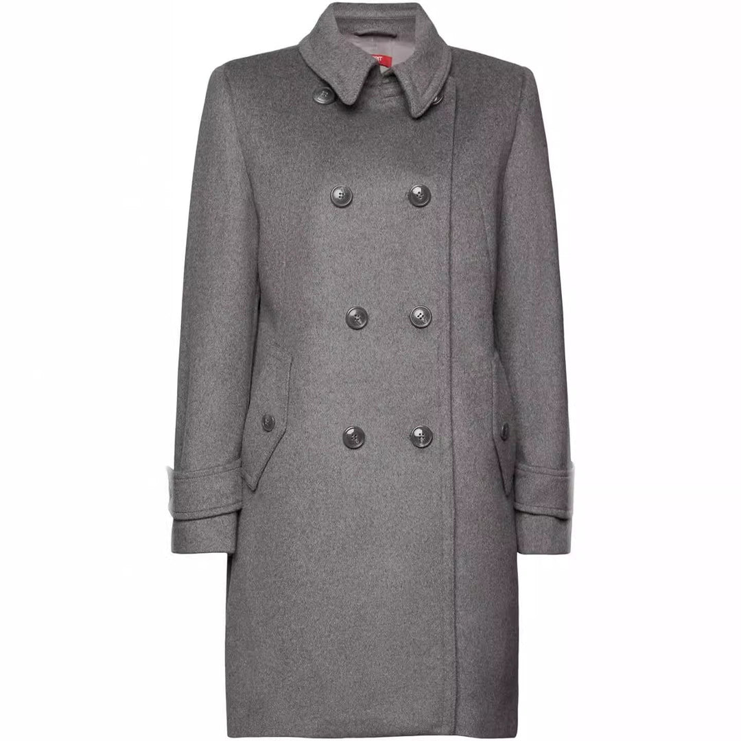 Dam Mid-length Double-breasted marinblå-inspired ull-blend Peacoat med Flap fickor