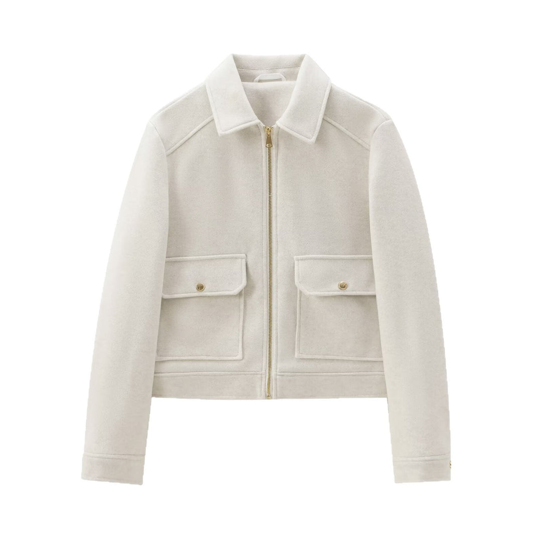 Dam Kort Boxig Jacka i Suede Look med Stå Krage, Dragkedja och Patch Fickor