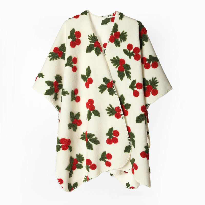 Dam ull look poncho med embossed berry jacquard och open waterfall skärning