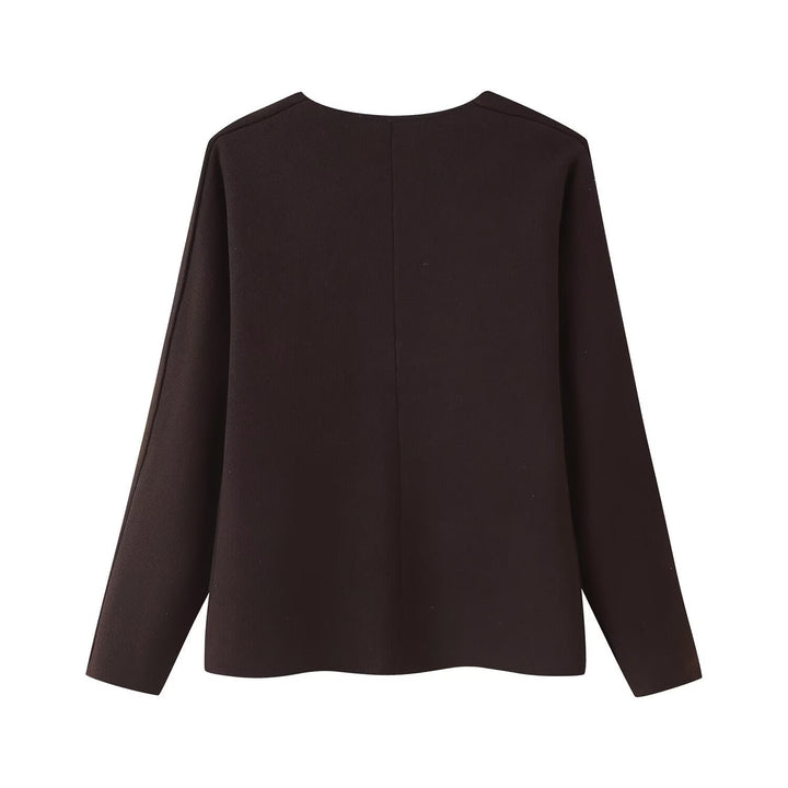 Dam Boxig Fin Stickad Jacka med Deep V-ringad och Golden Decorative Knappar