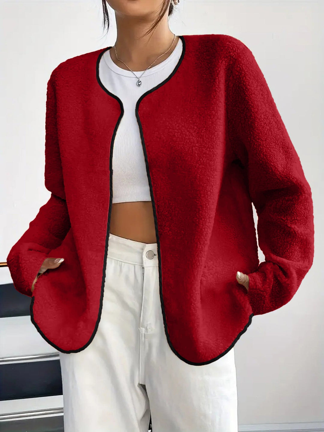 Dam kort jacka Teddy fleece kofta utan Closure med rund hals