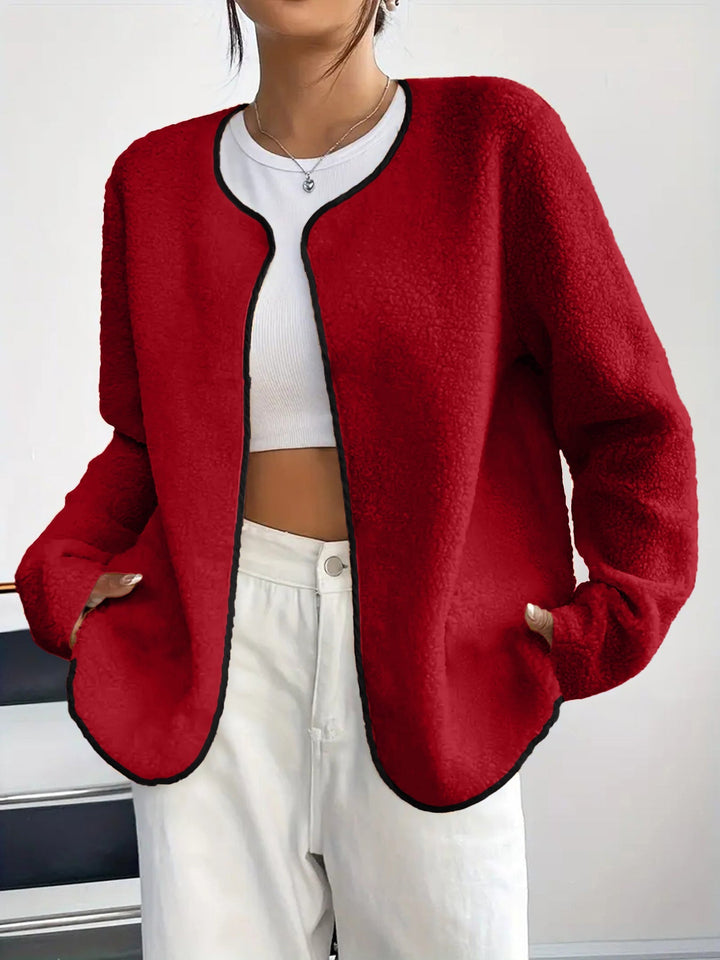 Dam kort jacka Teddy fleece kofta utan Closure med rund hals