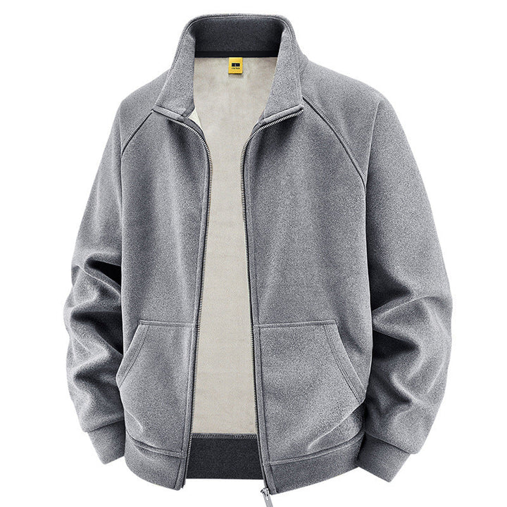 Herr Insulated Plush Fodrad Sweat Jacka med Stående Krage och Dold Inre Fickor