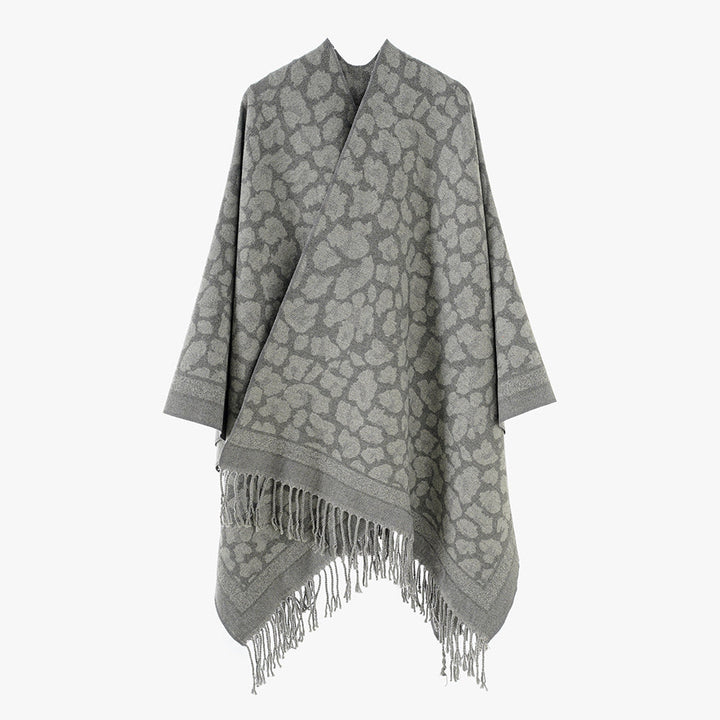 Dam Oversize Cape med Jacquard Leopard mönster, Open Fall och Fringes