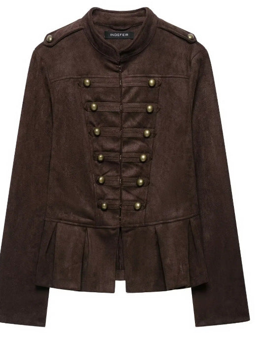 Dam Military Jacka Tillverkad av Suede Imitation med Stå Krage och Flounce