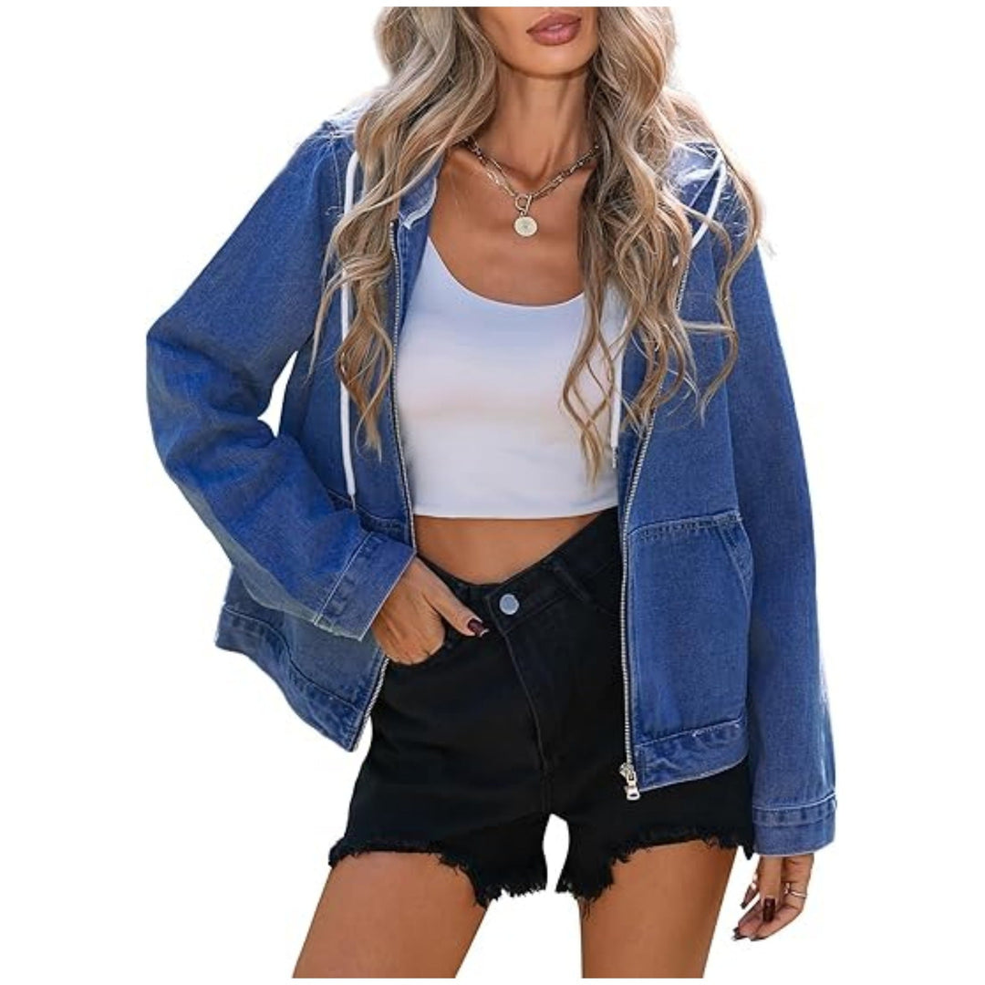 Dam denimjacka med huva, dragkedja och oversize skärning