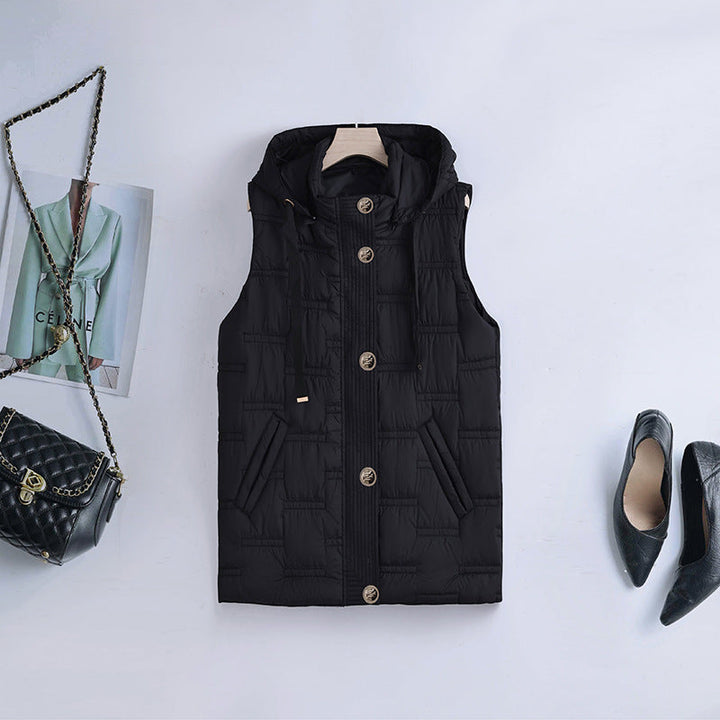 Dam quiltad hooded väst med button-front och slip fickor